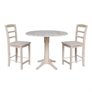 42&quot Round Wood Gathering Height Table with Two Counter Height Stools -Unfinished