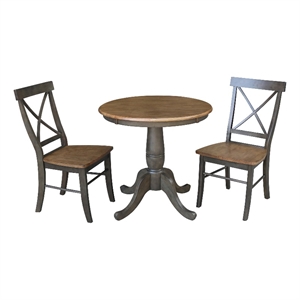 30&quot Round Wood Table With 2 X-Back Chairs in Hickory/Washed Coal - 3 Piece Set