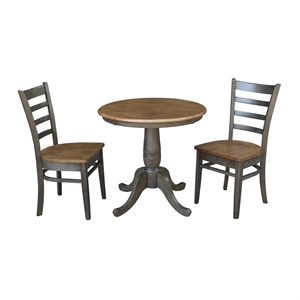 30&quot Round Wood Table With 2 Emily Chairs in Hickory & Washed Coal - 3 Piece Set