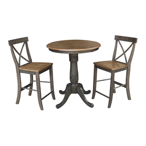 30&quot Round Wood Counter Height Table With 2 X-back Stools in Hickory/Washed Coal