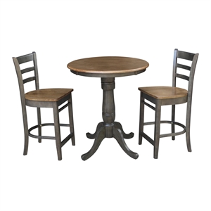 30&quot Round Wood Counter Height Table With 2 Emily Stools in Hickory/Washed Coal