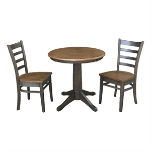 30&quot Round Wood Table With 2 Emily Chairs in Hickory/Washed Coal - 3 Piece Set