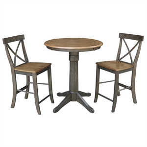 30&quot Round Wood Counter Height Table With 2 X-back Stools in Hickory/Washed Coal