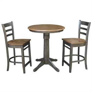 30&quot Round Wood Counter Height Table With 2 Emily Stools in Hickory/Washed Coal