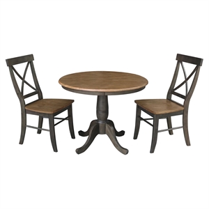 36&quot Round Wood Table With 2 X-Back Chairs in Hickory/Washed Coal - 3 Piece Set