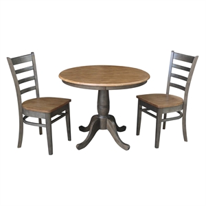 36&quot Round Wood Table With 2 Emily Chairs in Hickory/Washed Coal - 3 Piece Set