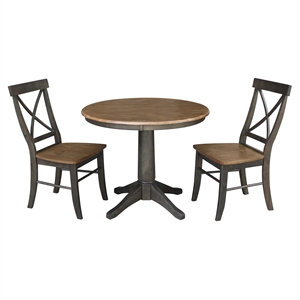 36&quot Round Wood Table With 2 X-Back Chairs in Hickory/Washed Coal - 3 Piece Set