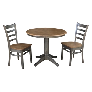 36&quot Round Wood Table With 2 Emily Chairs in Hickory/Washed Coal - 3 Piece Set