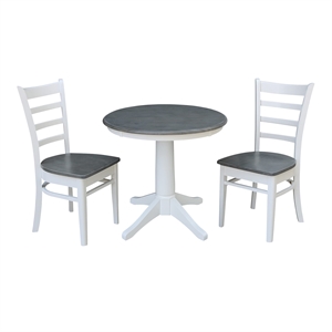 30&quot Round Wood Table With 2 Emily Chairs in White/Heather Gray - 3 Piece Set