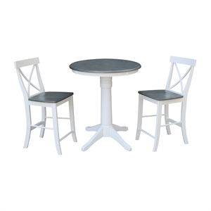 30&quot Round Wood Counter Height Table With 2 X-back Stools in White/Heather Gray