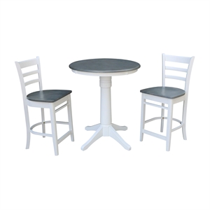 30&quot Round Wood Counter Height Table With 2 Emily Stools in White/Heather Gray