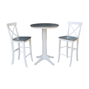 30&quot Round Wood Bar Height Table With 2 X-back Stools in White/Heather Gray
