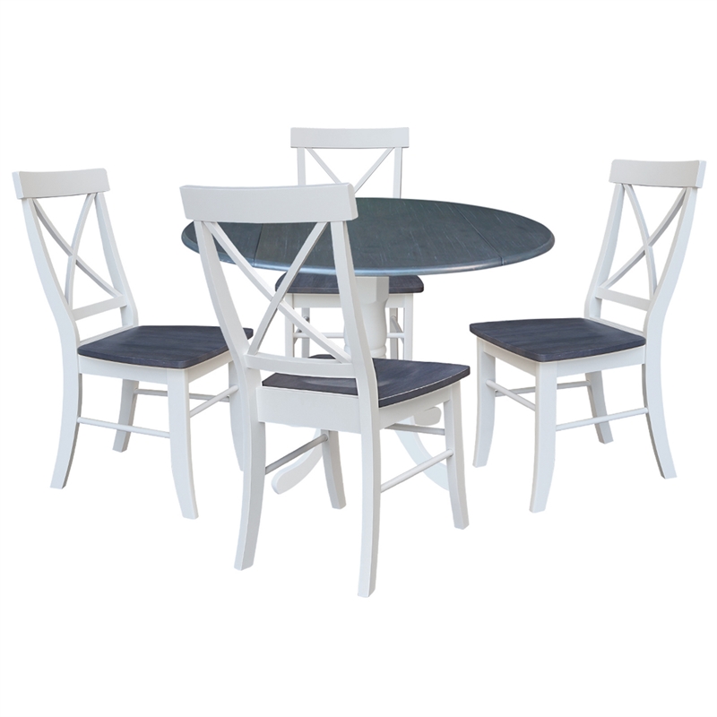 42 in. Drop Leaf Wood Dining Table with 4 X-back Chairs in White/Heather Gray