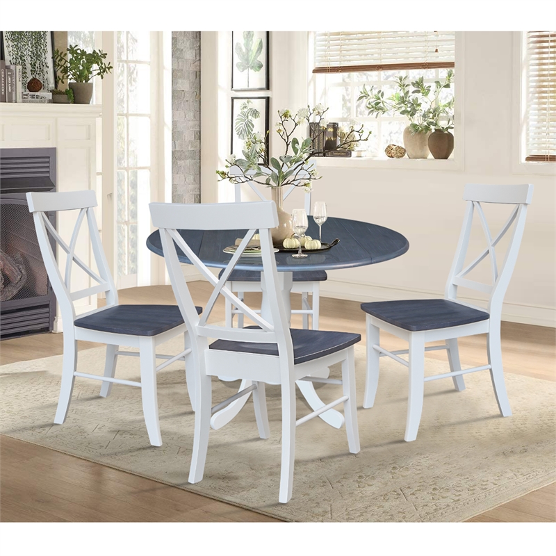 42 in. Drop Leaf Wood Dining Table with 4 X-back Chairs in White/Heather Gray