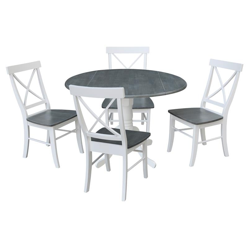 42 in. Drop Leaf Wood Dining Table with 4 X-back Chairs in White/Heather Gray