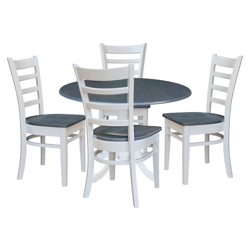 42 in. Drop Leaf Wood Dining Table with 4 Dining Chairs in White/Heather Gray