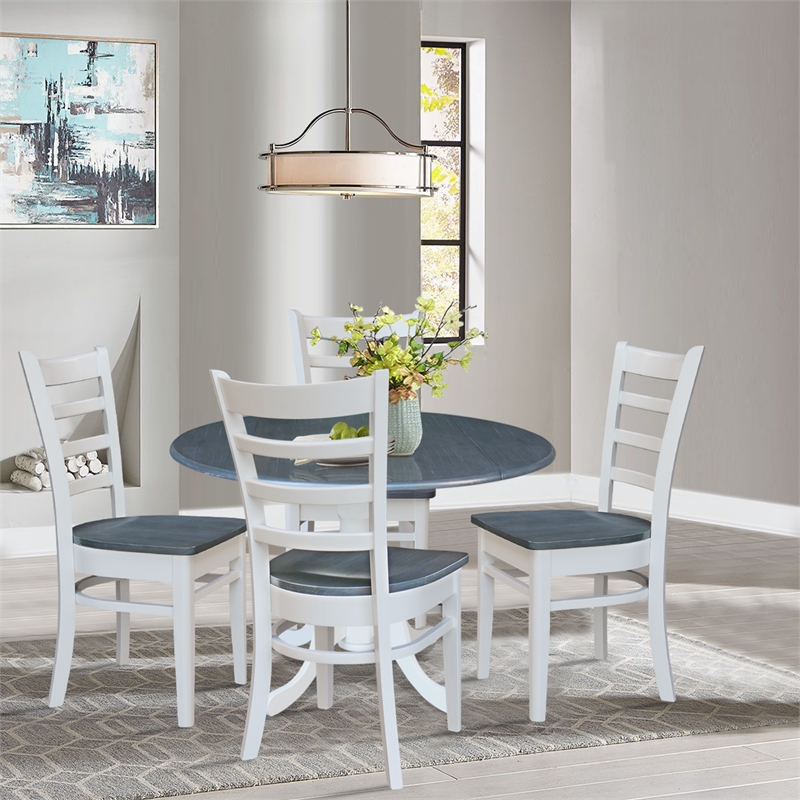 42 in. Drop Leaf Wood Dining Table with 4 Dining Chairs in White/Heather Gray