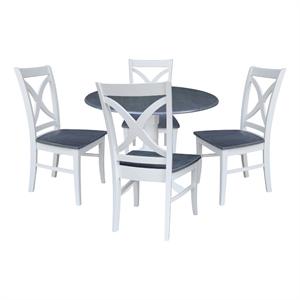 42 in. Drop Leaf Wood Dining Table with 4 X-back Chairs in White/Heather Gray