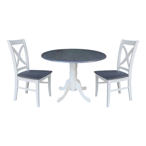 42 in. Drop Leaf Wood Dining Table with 2 X-back Chairs in White/Heather Gray