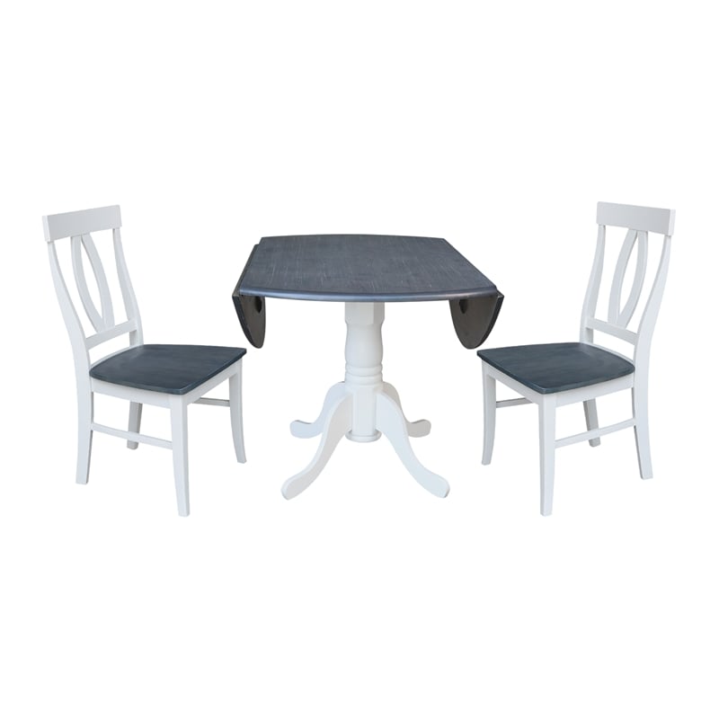 42 in. Drop Leaf Wood Dining Table with 2 Dining Chairs in White/Heather Gray