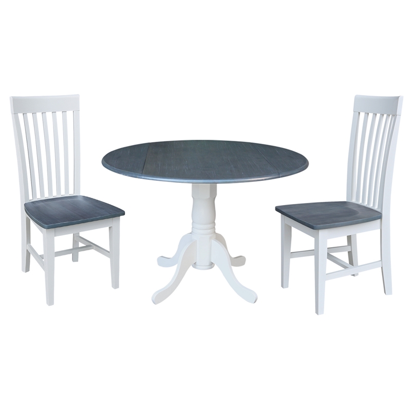 42 in. Drop Leaf Wood Dining Table with 2 Dining Chairs in White/Heather Gray