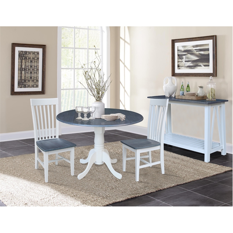 42 in. Drop Leaf Wood Dining Table with 2 Dining Chairs in White/Heather Gray