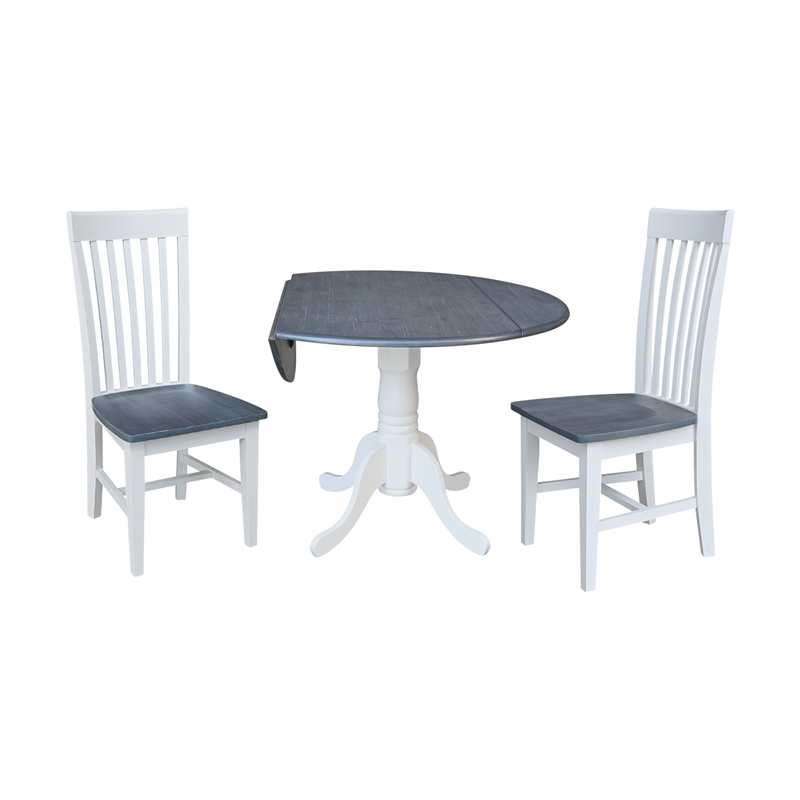 42 in. Drop Leaf Wood Dining Table with 2 Dining Chairs in White/Heather Gray