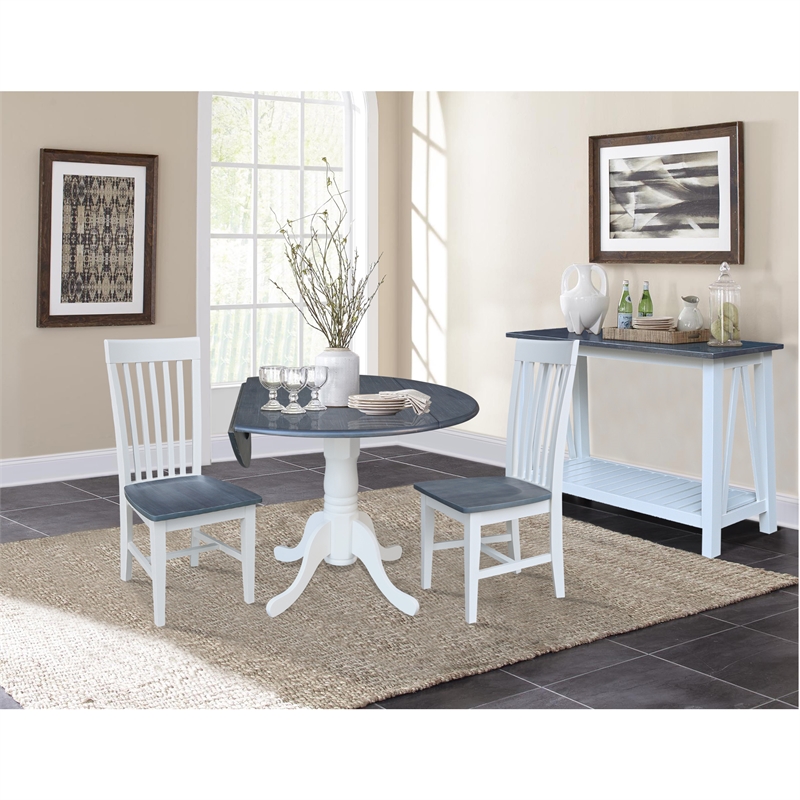 42 in. Drop Leaf Wood Dining Table with 2 Dining Chairs in White/Heather Gray