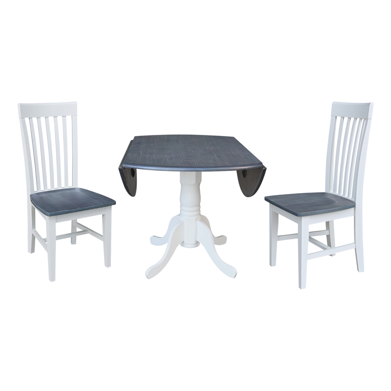 42 in. Drop Leaf Wood Dining Table with 2 Dining Chairs in White/Heather Gray