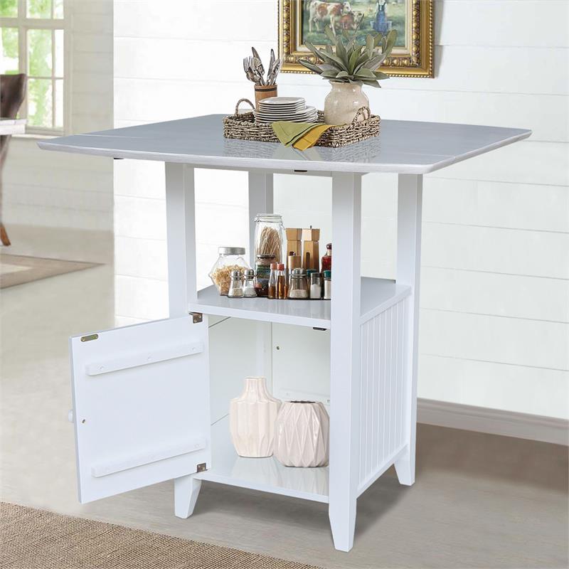 Dual Drop Leaf White Wood Bistro Table Counter Height with Storage