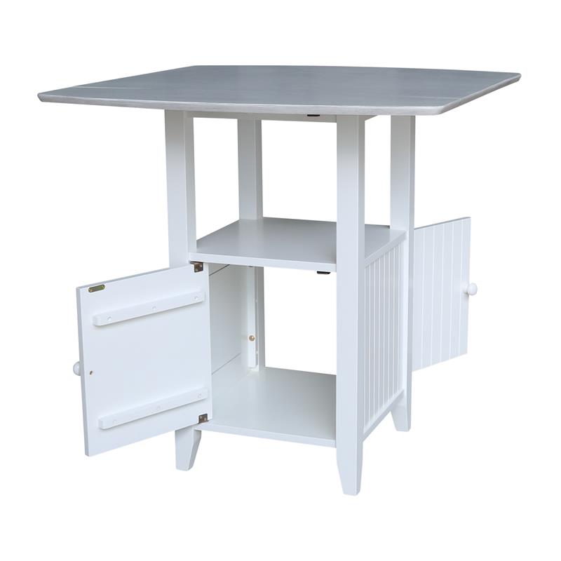 Dual Drop Leaf White Wood Bistro Table Counter Height with Storage