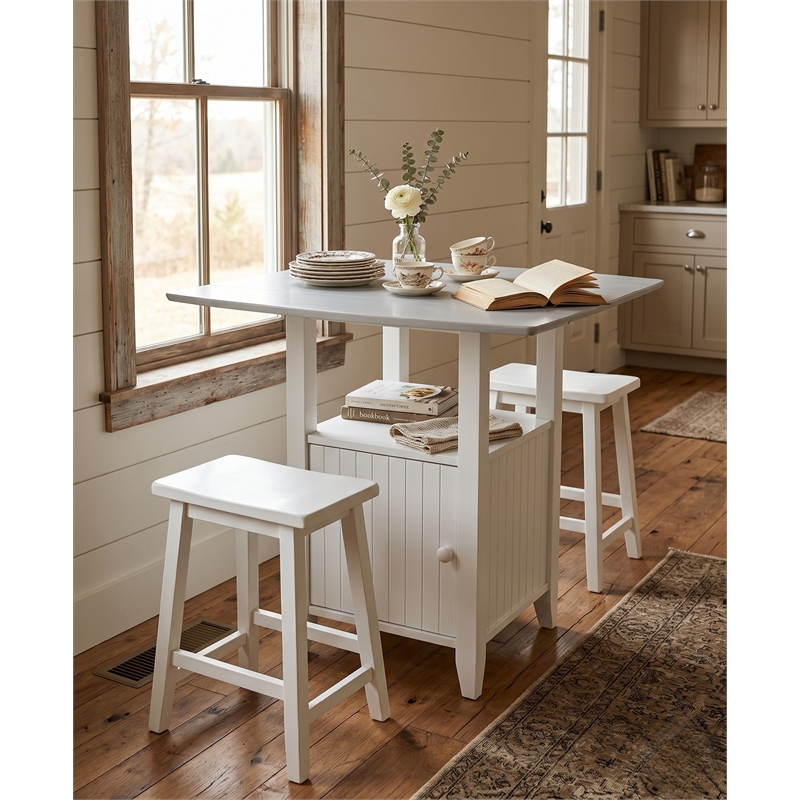Dual Drop Leaf White Wood Bistro Table Counter Height with Storage