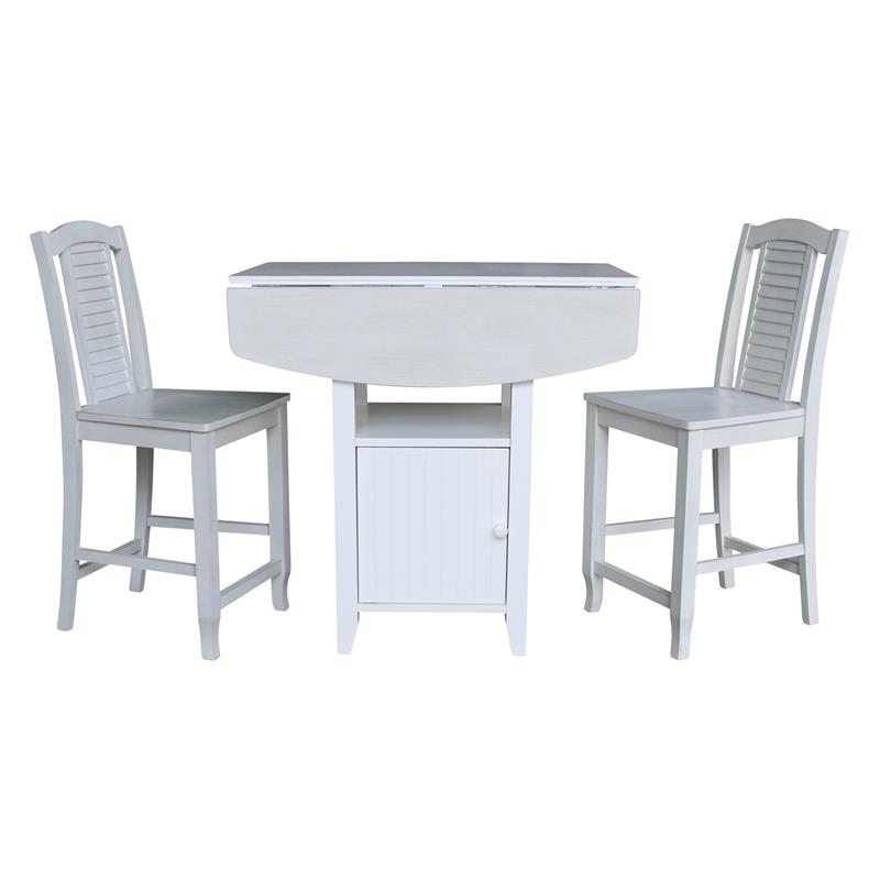 Dual Drop Leaf Wood Bistro Table With Storage and 2 Counter Stools
