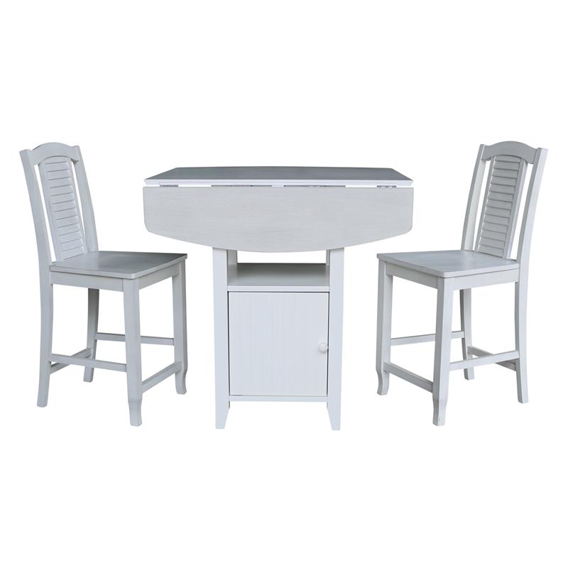 Dual Drop Leaf Wood Bistro Table With Storage and 2 Counter Stools