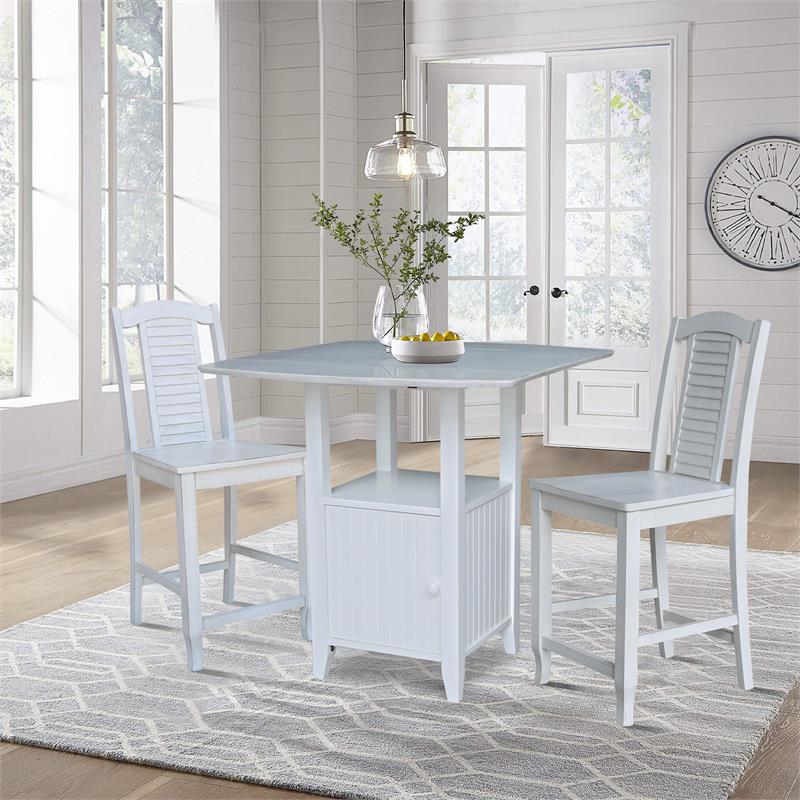 Dual Drop Leaf Wood Bistro Table With Storage and 2 Counter Stools