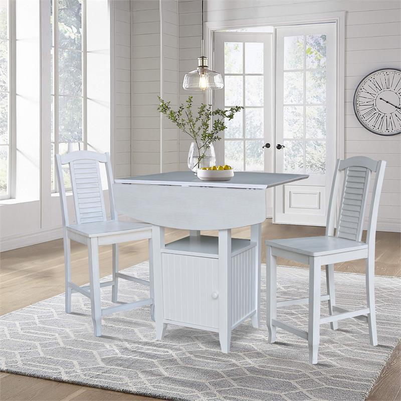 Dual Drop Leaf Wood Bistro Table With Storage and 2 Counter Stools