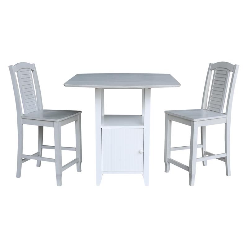 Dual Drop Leaf Wood Bistro Table With Storage and 2 Counter Stools