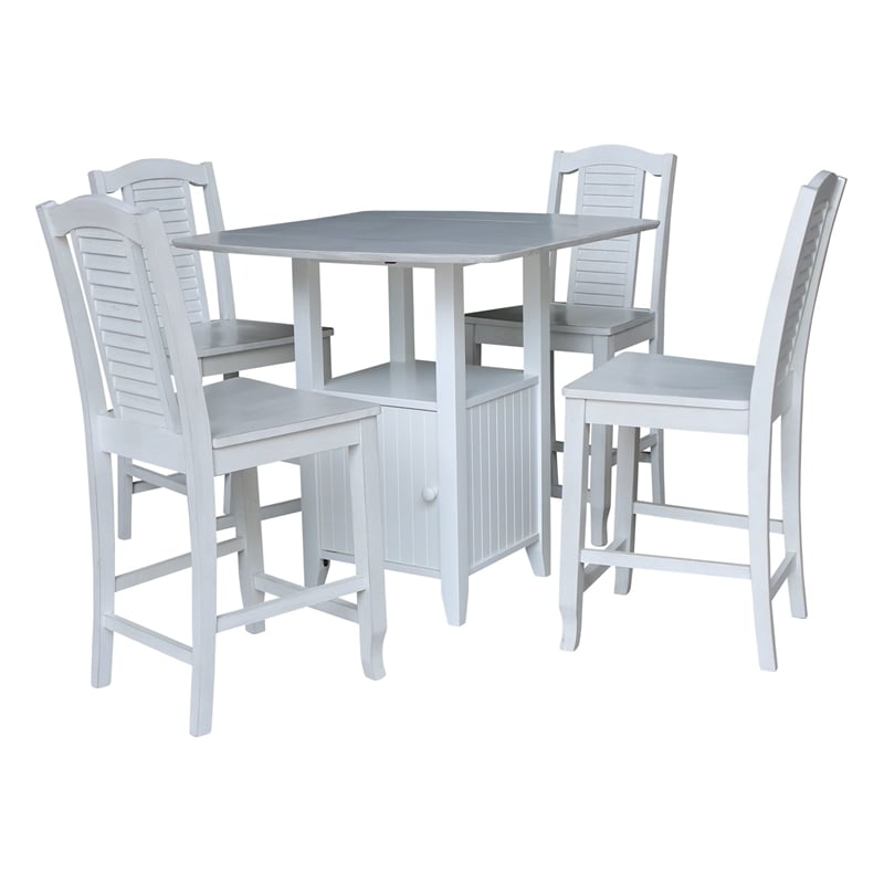 Dual Drop Leaf White Wood Bistro Table with Storage and 4 Counter Stools