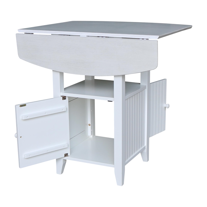 Dual Drop Leaf White Wood Bistro Table with Storage and 4 Counter Stools