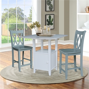 Dual Drop Leaf Wood Bistro Table with Storage and 2 Counter Stools