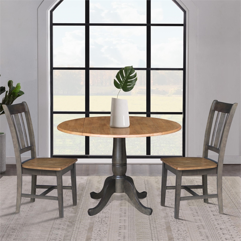 Wood 42 in. Round Drop Leaf Dining Table with 2 Chairs in Hickory/Washed Coal