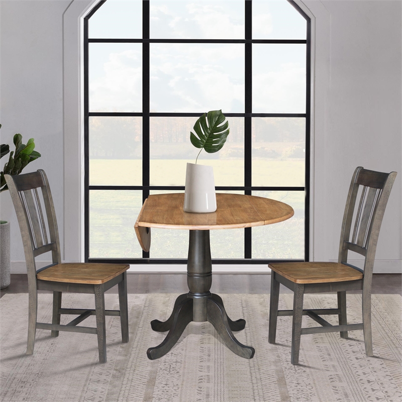 Wood 42 in. Round Drop Leaf Dining Table with 2 Chairs in Hickory/Washed Coal
