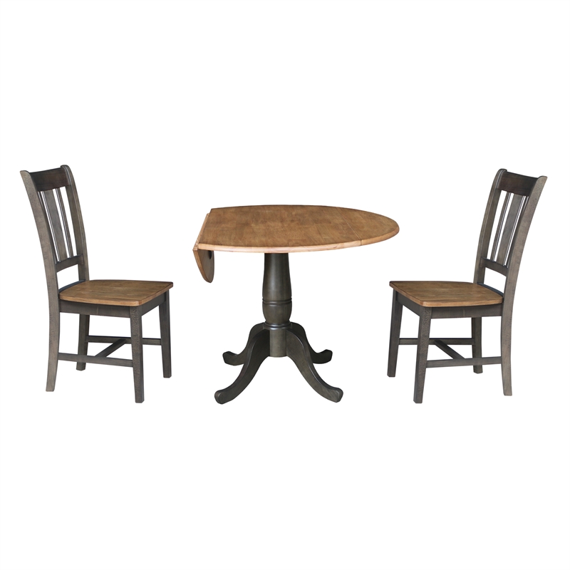 Wood 42 in. Round Drop Leaf Dining Table with 2 Chairs in Hickory/Washed Coal