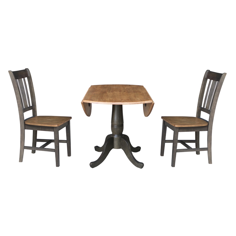 Wood 42 in. Round Drop Leaf Dining Table with 2 Chairs in Hickory/Washed Coal