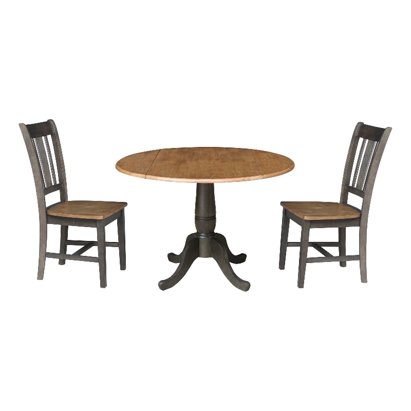 Wood 42 in. Round Drop Leaf Dining Table with 2 Chairs in Hickory/Washed Coal