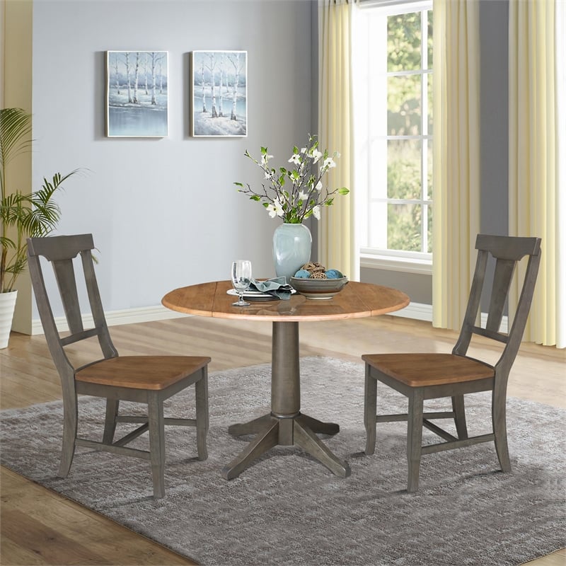 Wood 42 in. Round Drop Leaf Dining Table with 2 Chairs in Hickory/Washed Coal