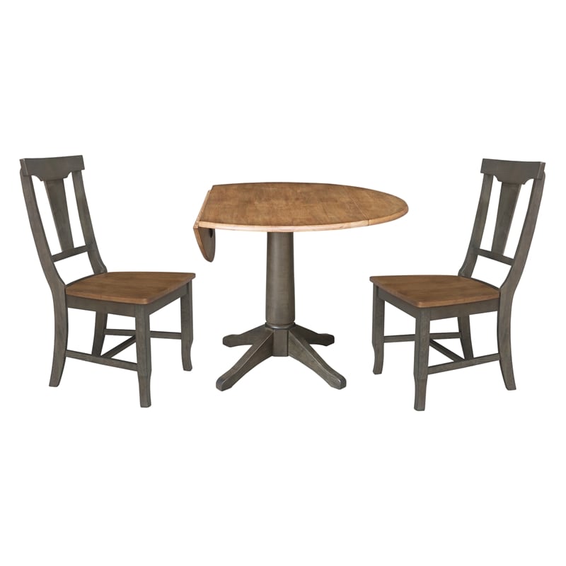 Wood 42 in. Round Drop Leaf Dining Table with 2 Chairs in Hickory/Washed Coal