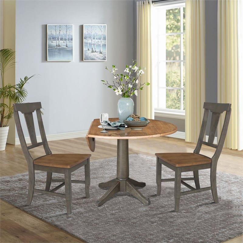 Wood 42 in. Round Drop Leaf Dining Table with 2 Chairs in Hickory/Washed Coal