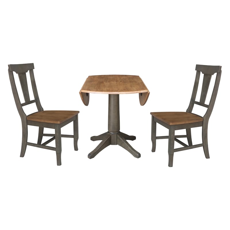 Wood 42 in. Round Drop Leaf Dining Table with 2 Chairs in Hickory/Washed Coal