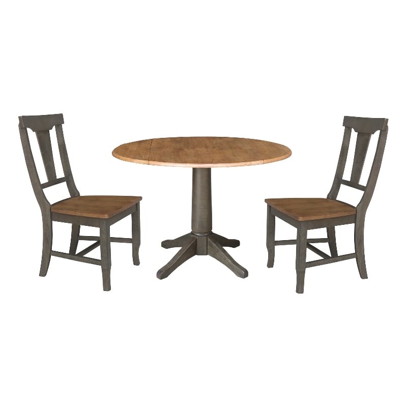 Wood 42 in. Round Drop Leaf Dining Table with 2 Chairs in Hickory/Washed Coal